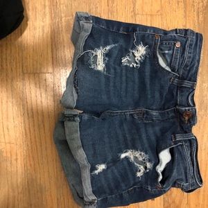 Refugee jean shorts, dark washed w/ rips